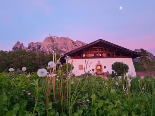 a house in a field of flowers with mountains in the background at Salmsein Biohof in Fiè