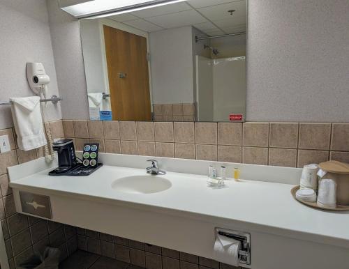 a bathroom with a sink and a mirror at Travelodge by Wyndham Deadwood in Deadwood