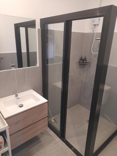 a bathroom with a shower and a sink at Bohol Jewel Resort in Dauis