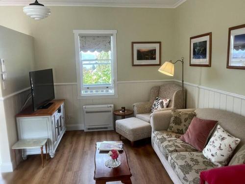 a living room with a couch and a tv at Maple Hill Cottage in Castle Forbes Bay