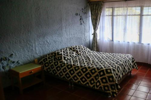 1 dormitorio con 1 cama con manta a cuadros y ventana en Casa de Campo en la Montaña Negra-Subachoque, en Subachoque