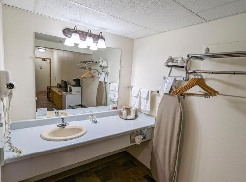 a bathroom with a sink and a mirror at Travelodge by Wyndham Deadwood in Deadwood