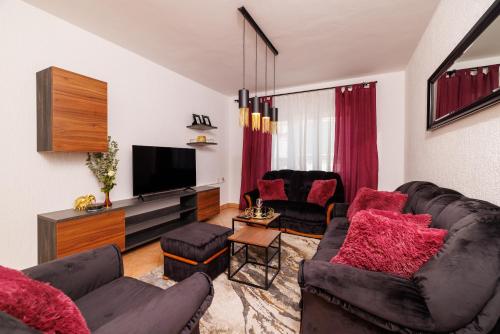 a living room with a couch and a tv at Apartmani Anđelić- Fužine 1 in Fužine
