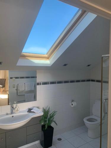 a bathroom with a sink and a toilet and a skylight at Aspiringlofts in Wanaka