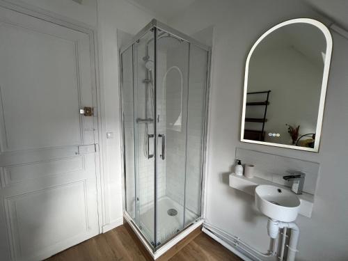 a bathroom with a shower and a sink and a mirror at Petites chambres rénovées 2024 Paris 17e in Paris