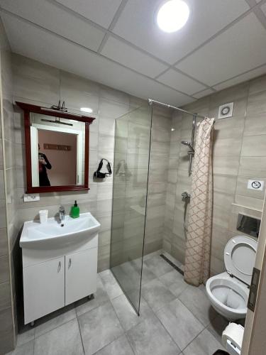 a bathroom with a shower and a sink and a toilet at Apartments Nora in Ohrid