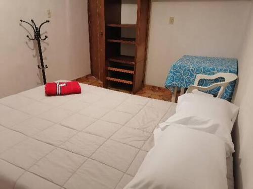 San Felipe del AguaにあるOaxaca's treasuresのベッド1台、椅子、赤い袋が備わる客室です。