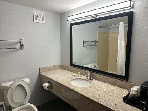 a bathroom with a toilet and a sink with a mirror at Super 8 by Wyndham Alexandria LA in Alexandria