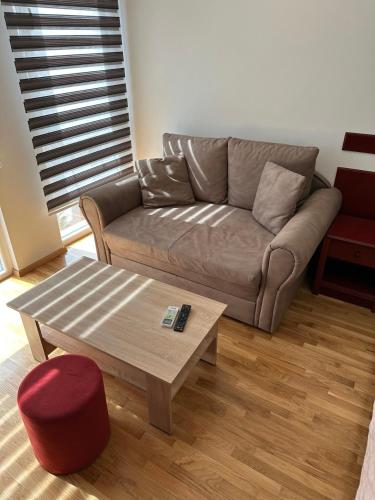 a living room with a couch and a coffee table at Apartments Nora in Ohrid