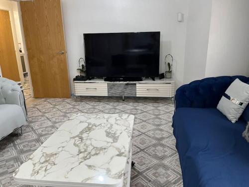 a living room with a tv and a blue couch at Entire flat In cardiff central in Cardiff