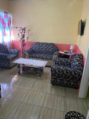 a living room with two couches and a coffee table at Lusignan selfcontain apart two br and onebath in Georgetown