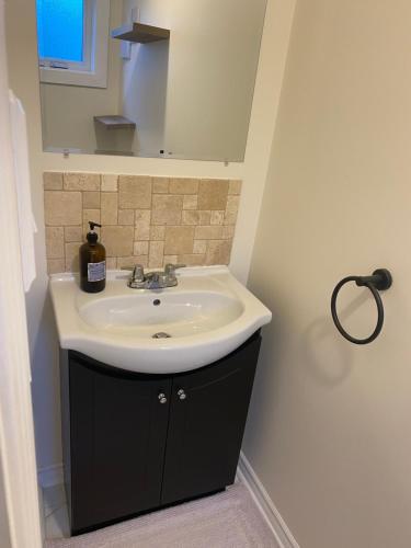 ein Bad mit einem Waschbecken und einem Spiegel in der Unterkunft Great family choice in Whitby