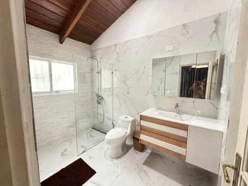 y baño con aseo, lavabo y ducha. en Villa Ramos - Private Beachfront with a View en Cabarete