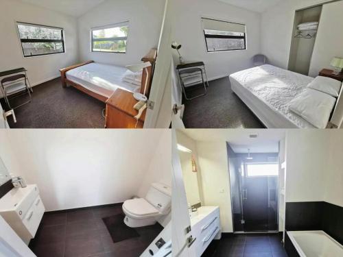 - deux photos d'une chambre avec deux lits et une salle de bains dans l'établissement Rolleston Lodge, à Christchurch