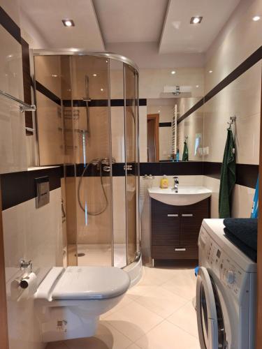 a bathroom with a shower and a toilet and a sink at Apartament Rose Stalowa Wola in Stalowa Wola