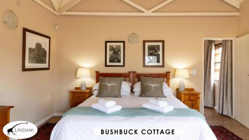 a bedroom with a bed with two pillows on it at Lindani Game and Lodges in Vaalwater