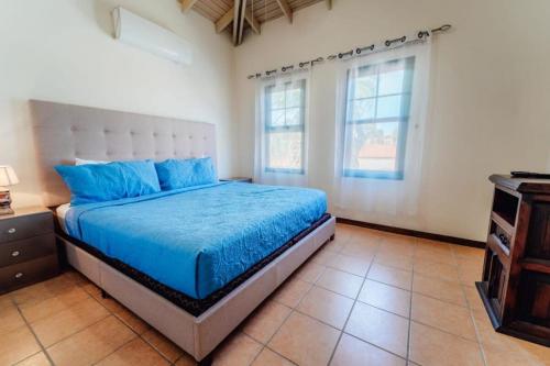 a bedroom with a bed with blue sheets and two windows at Comfortable house in tierra del sol resort & golf in Palm-Eagle Beach