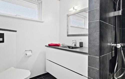 Nice Home In Juelsminde With Kitchen في جويلسميندي: حمام أبيض مع حوض ومرآة