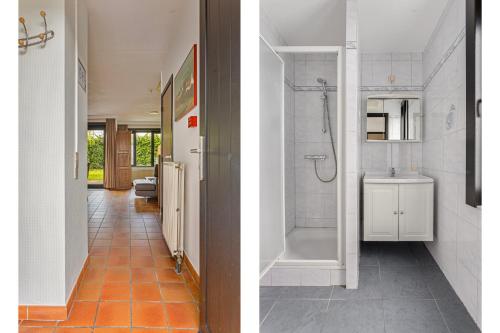 Duas fotografias de uma casa de banho com um chuveiro e um lavatório. em Colibri 3 met parking em Nieuwpoort