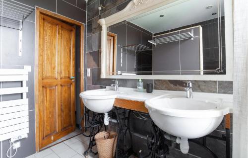 Baño con 2 lavabos y espejo en Nice Home In Ferrire-la-petite With Wifi, en Ferrière-la-Petite