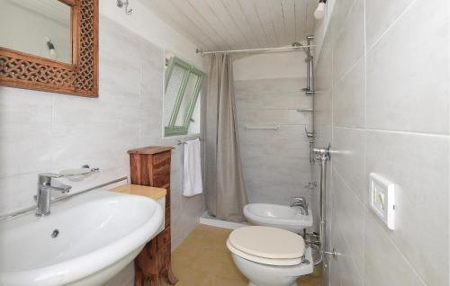 uma casa de banho com um lavatório, um WC e um espelho. em Pet Friendly Home In Marina Di Marza With Wifi em Santa Maria Del Focallo