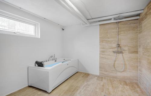 a bathroom with a white sink and a shower at Amazing Home In Korsr With House Sea View in Korsør