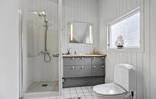 a bathroom with a shower and a toilet and a sink at Three-Bedroom Holiday Home In Thyholm in Thyholm