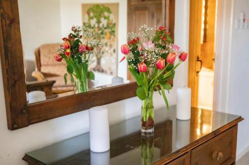 a vase of flowers on a table in front of a mirror at Treworgie Barton - Duchy in Bude