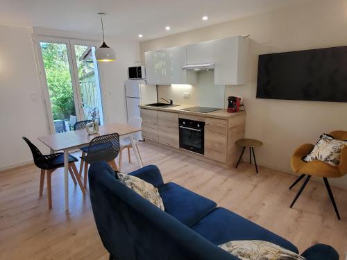 un salon avec un canapé bleu et une cuisine dans l'établissement Joli appart 2 chambres en centre ville - parking et jardin, à Albi
