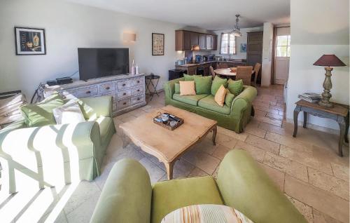 un salon avec des canapés verts et une télévision dans l'établissement Cozy Home, à Saint-Laurent-de-la-Cabrerisse