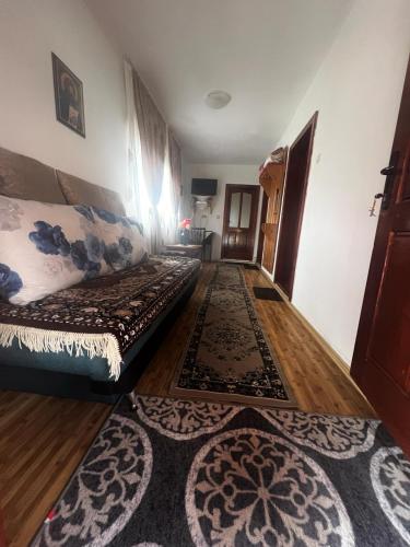 1 dormitorio con cama y alfombra en el suelo en Casa Ghețari, en Gheţari