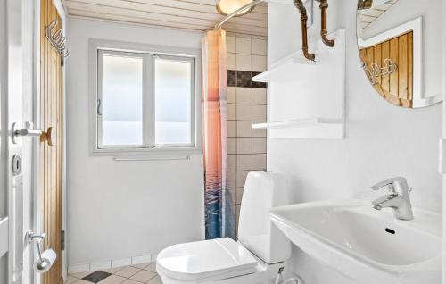 a bathroom with a toilet and a sink and a window at Beautiful Home In Frvang With Sauna in Fårvang