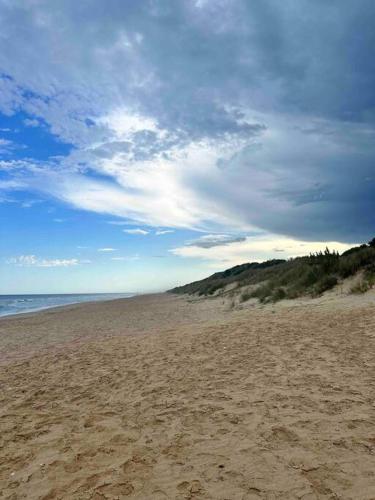 a sandy beach with a cloudy sky and the ocean at The Bloom in Seaspray