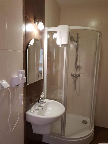 a bathroom with a sink and a shower at Villa Merry przy promenadzie i blisko Plaży - an der Promenade und in Strandnähe in Świnoujście