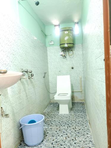 y baño con aseo, lavamanos y cubo. en Basama Complex, main road puttaparthi, en Puttaparti