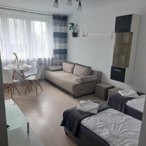 a living room with a bed and a couch at Apartament Mazurska in Kętrzyn