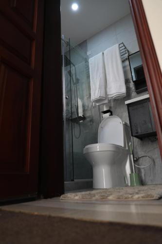 a bathroom with a toilet and a shower with towels at Precious Villas Lubowa in Kampala