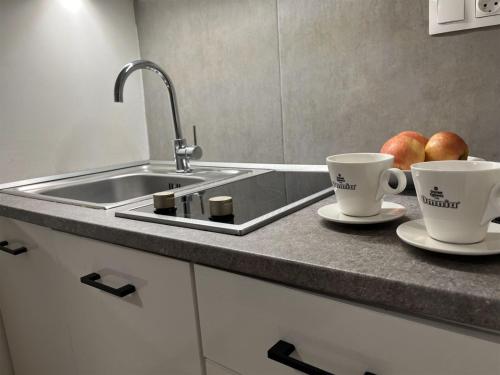 two coffee cups on a counter next to a sink at Bereg Szíve Apartman in Vásárosnamény