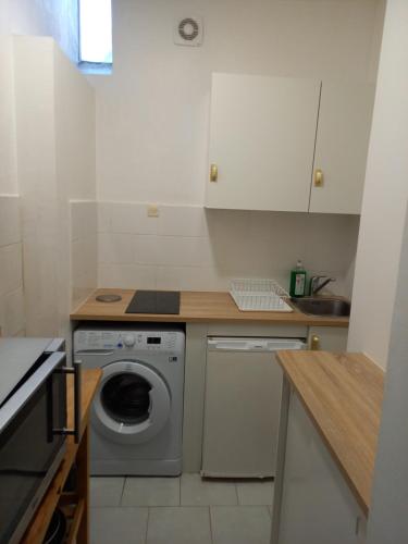 une cuisine avec un lave-linge et un comptoir dans l'établissement Studio bucolique, à Pont-Audemer