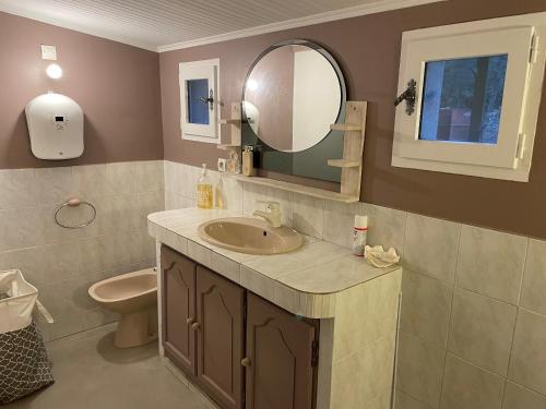 a bathroom with a sink and a mirror and a toilet at MAISON AU COEUR DU VERDON in La Verdière