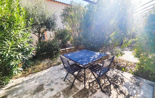 a blue table and chair sitting in a garden at Lovely Home In Saint-Laurent-De-La-Ca in Saint-Laurent-de-la-Cabrerisse