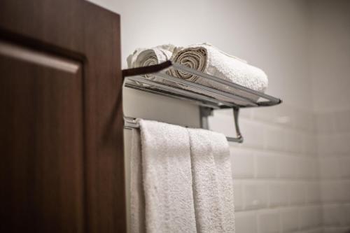 a towel rack with towels on it in a bathroom at Chemodann Kazbegi in Stepantsminda