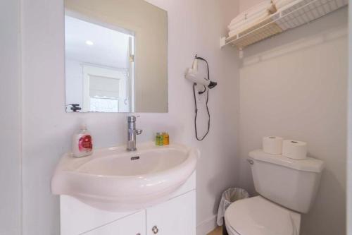a bathroom with a sink and a toilet and a mirror at Broadway guest house in Vancouver