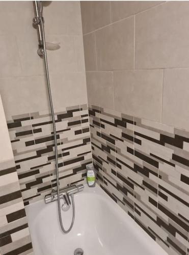 Das Bad ist mit einer Badewanne mit einer Dusche ausgestattet. in der Unterkunft Lovely luxury one bedroom flat in London