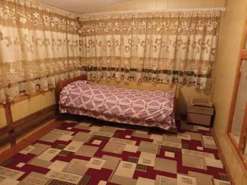 ein kleines Schlafzimmer mit einem Bett und einem Vorhang in der Unterkunft Talgat & Kaabal in Kara-Agach