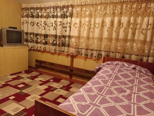 Schlafzimmer mit einem Bett, einem TV und Vorhängen in der Unterkunft Talgat & Kaabal in Kara-Agach