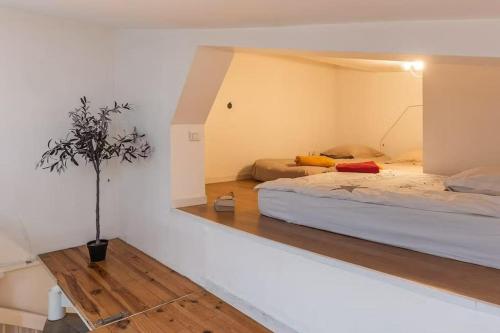 パリにあるMaison Antoinette Paris - MaisonNomadeChicのベッドルーム1室(ベッド2台、鉢植え付)