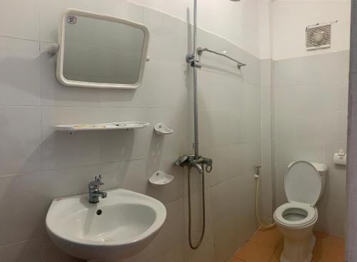 Vang Vieng Lily Guesthouse في فانغ فينغ: حمام مع حوض ومرحاض ومرآة