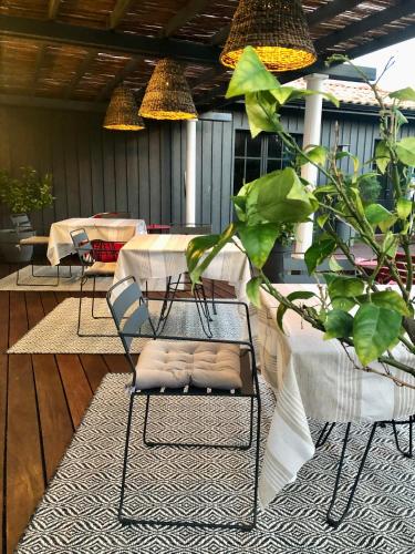 a patio with a table and chairs and a plant at Chambres d'hôte Ô Bois Plage in Gujan-Mestras