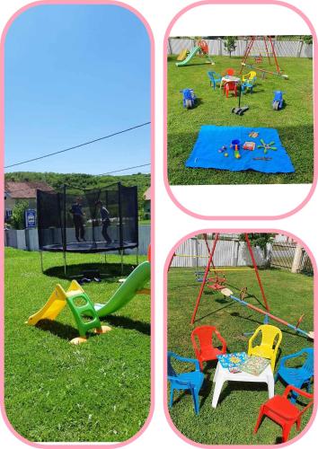 three pictures of a playground with different play equipment at Apartmani Apolon in Vrdnik
